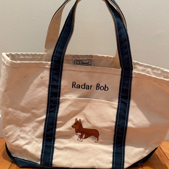 L.L. Bean Handbags - Vtg L.L.Bean Boat Tote 'Radar Bob' Corgi Embroidered Canvas Bag Green Trim